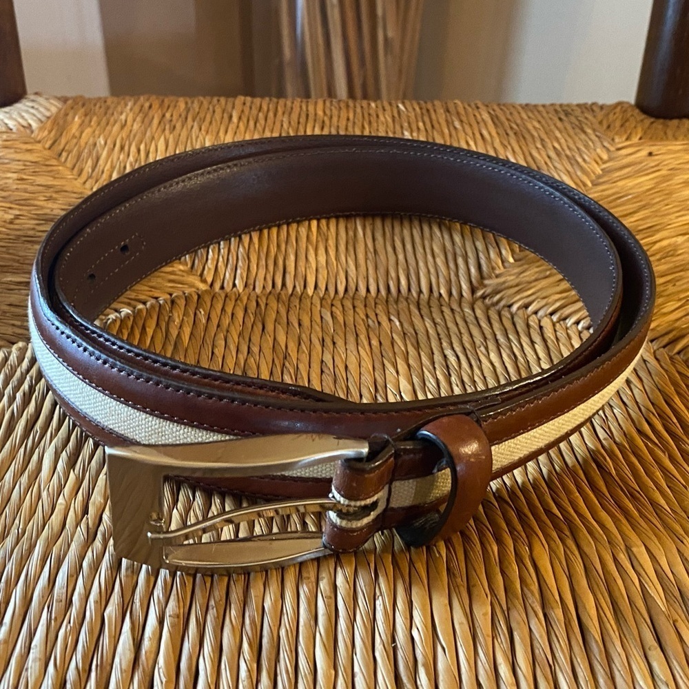 Genuine Brown leather with Cream Canvas trim silver buckle Belt size 44